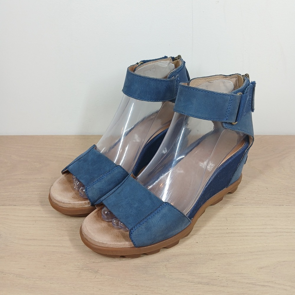 Sorel Joanie Sandals Women 7.5 Blue Suede Leather Wedge Ankle Strap Outdoor